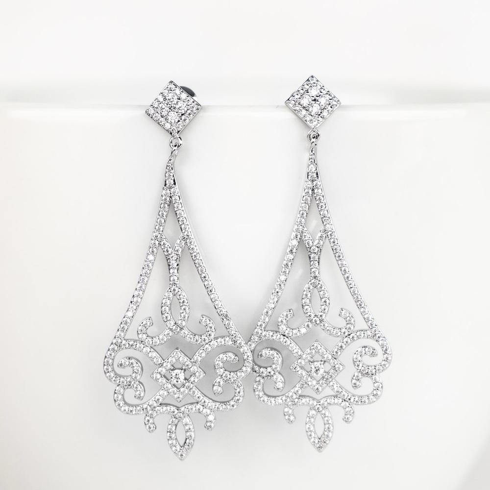 Vintage Style Silver Chandelier Dangle Earrings White Gold Plated CZ Jewelry